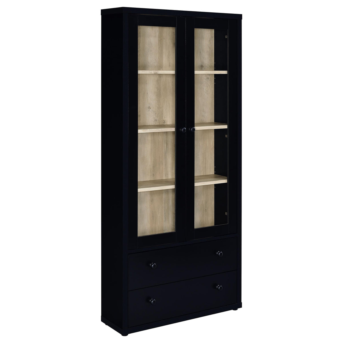 Gabinete alto Hawthorne con cuatro estantes, puertas de vidrio y cajones