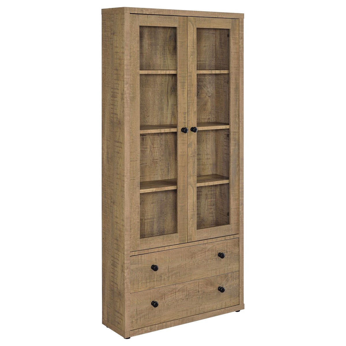 Gabinete alto Hawthorne con cuatro estantes, puertas de vidrio y cajones