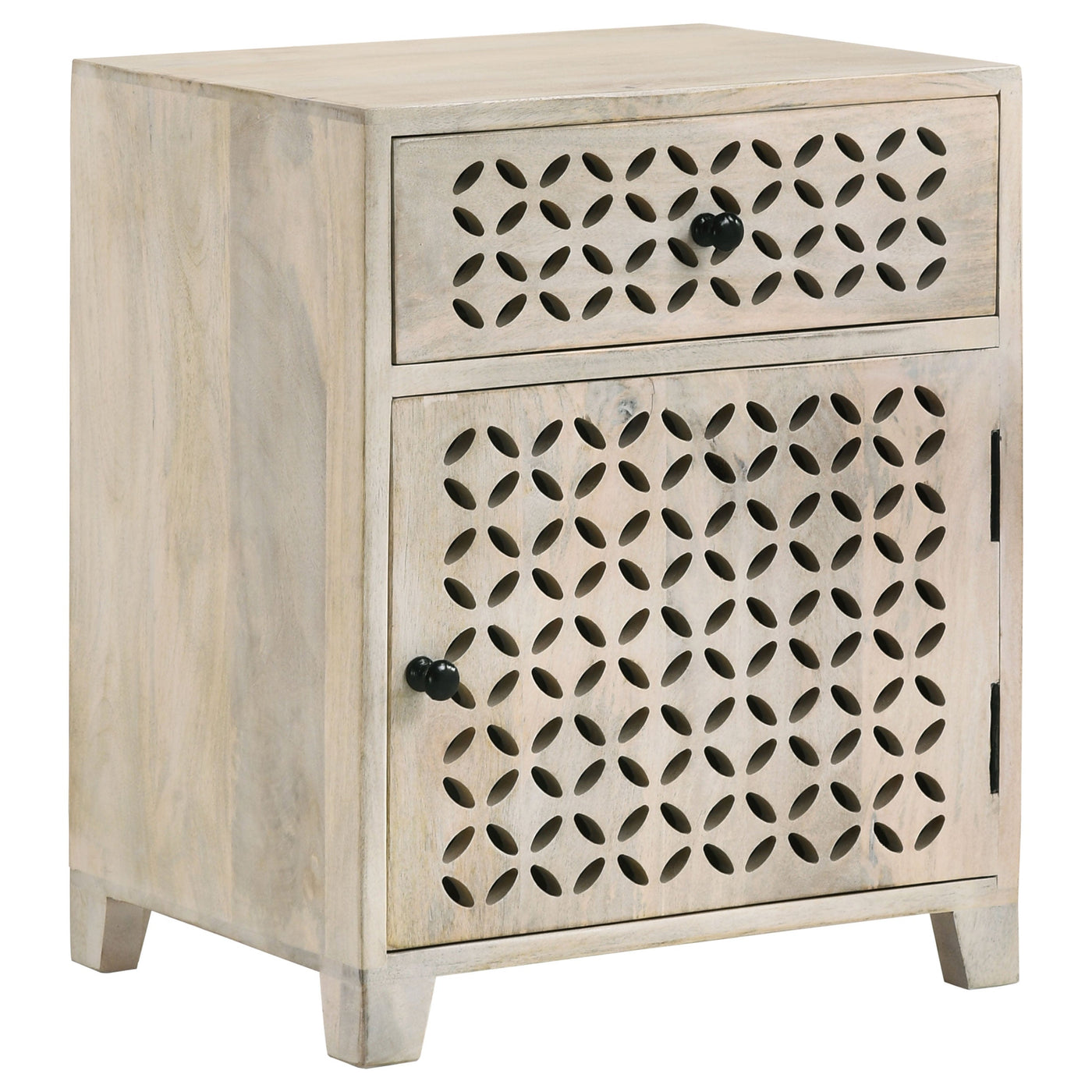 Gabinete de almacenamiento con diseño de enrejado y cajón de agosto, blanco lavado