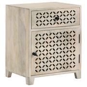 Gabinete de almacenamiento con diseño de enrejado y cajón de agosto, blanco lavado