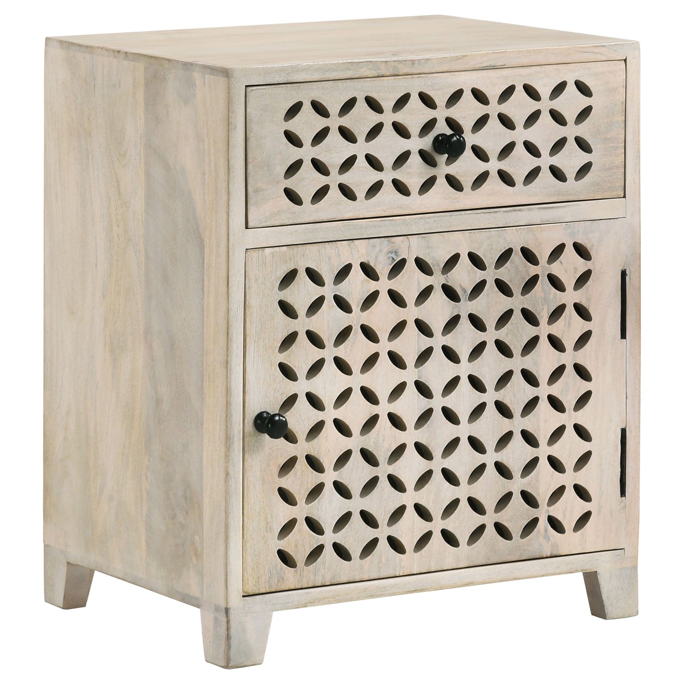 Gabinete de almacenamiento con diseño de enrejado y cajón de agosto, blanco lavado