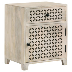 Gabinete de almacenamiento con diseño de enrejado y cajón de agosto, blanco lavado