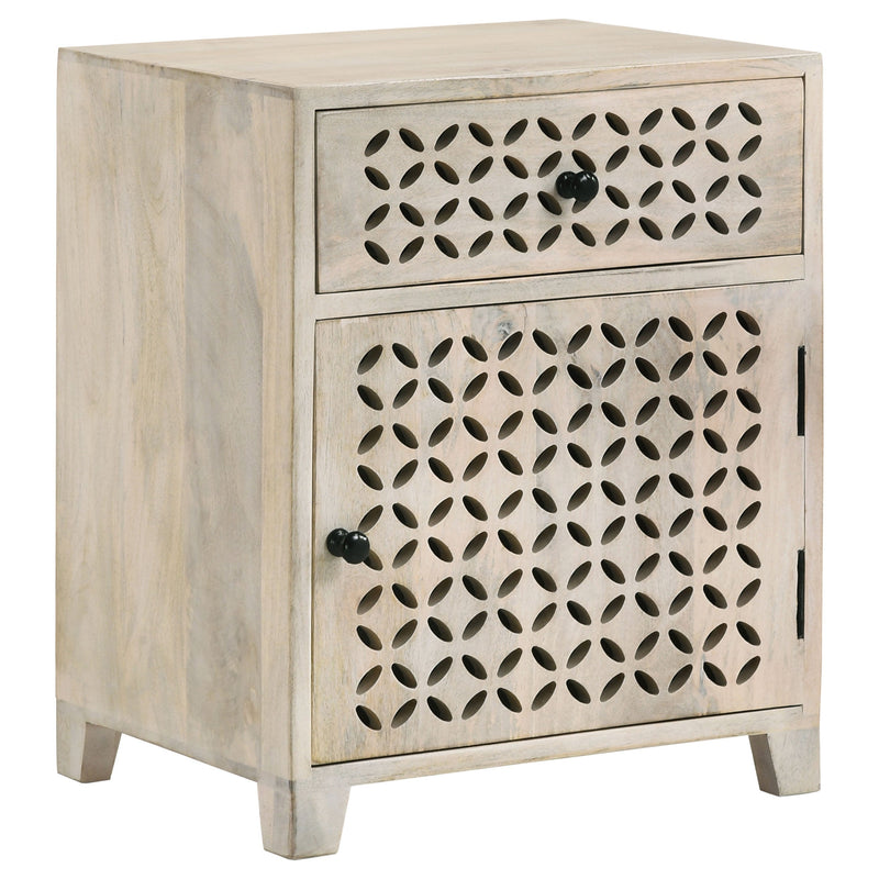 Gabinete de almacenamiento con diseño de enrejado y cajón de agosto, blanco lavado