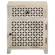 Gabinete de almacenamiento con diseño de enrejado y cajón de agosto, blanco lavado