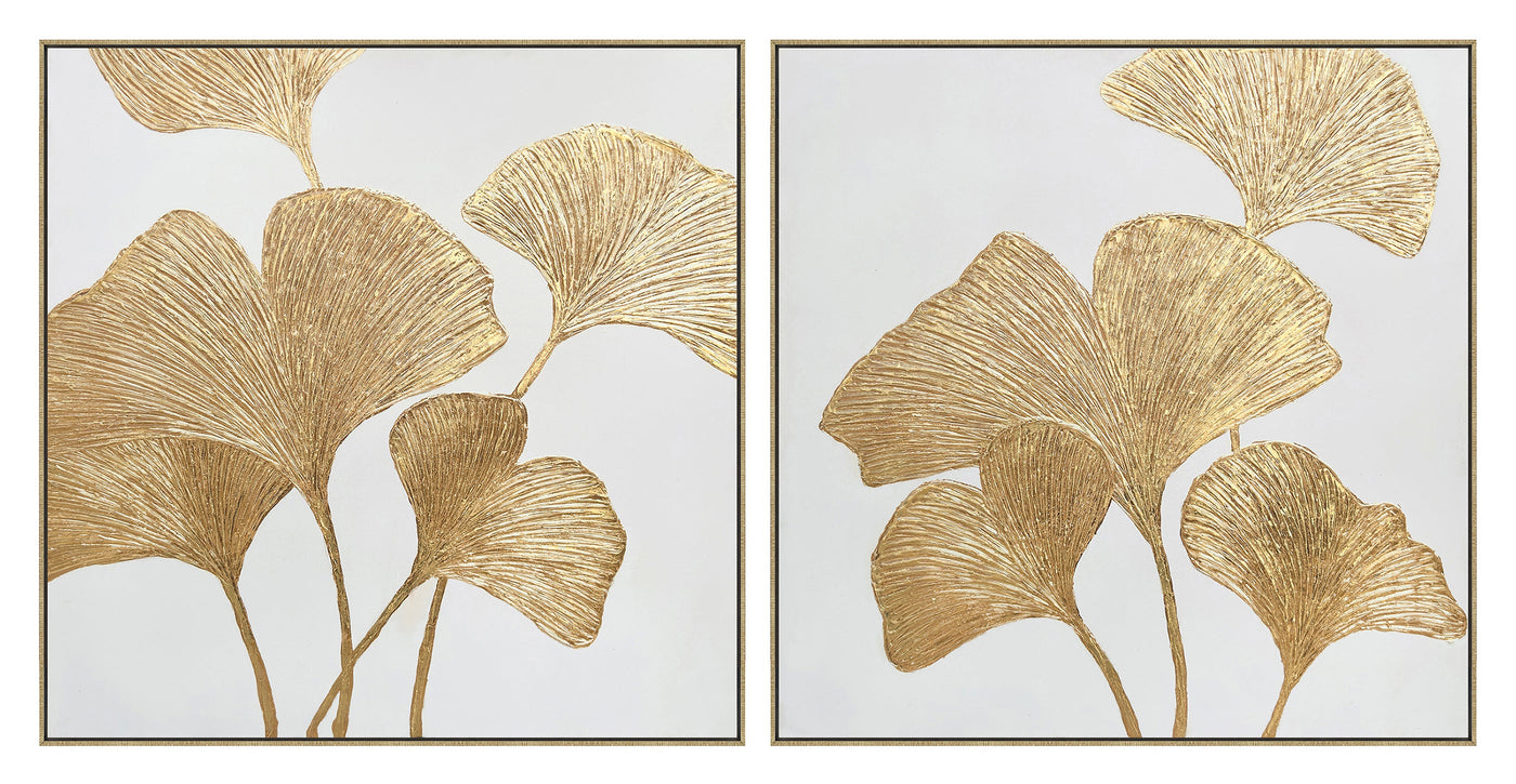 ''Lustrous Ginkgo Leaf Diptych'' Hand-painted Canvas in Frame (set)