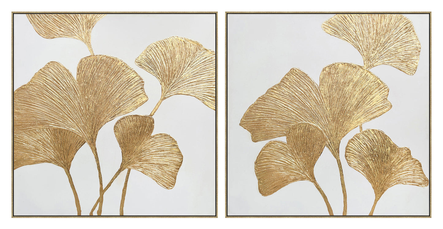 ''Lustrous Ginkgo Leaf Diptych'' Hand-painted Canvas in Frame (set)