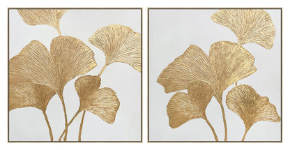 ''Lustrous Ginkgo Leaf Diptych'' Hand-painted Canvas in Frame (set)