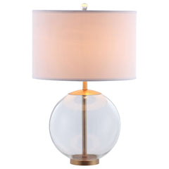 Lámpara de mesa Kenny de 27 pulgadas con pantalla de tambor de vidrio transparente, de latón