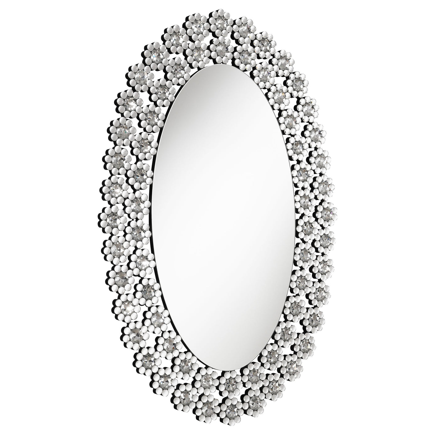 Espejo de pared ovalado Colleen de 31 x 47 pulgadas con flores de cristal plateadas