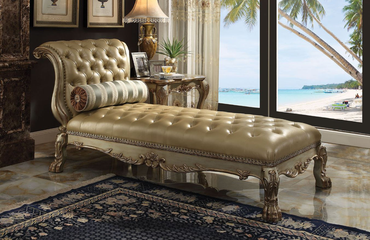 Dresden Chaise W/Pillow - Bone Leatherette & Gold Patina