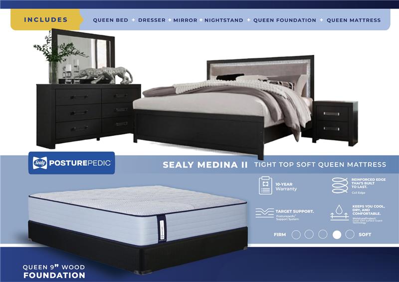 Raechalla Queen Upholstered Panel 6PC Bedroom Bundle in Black