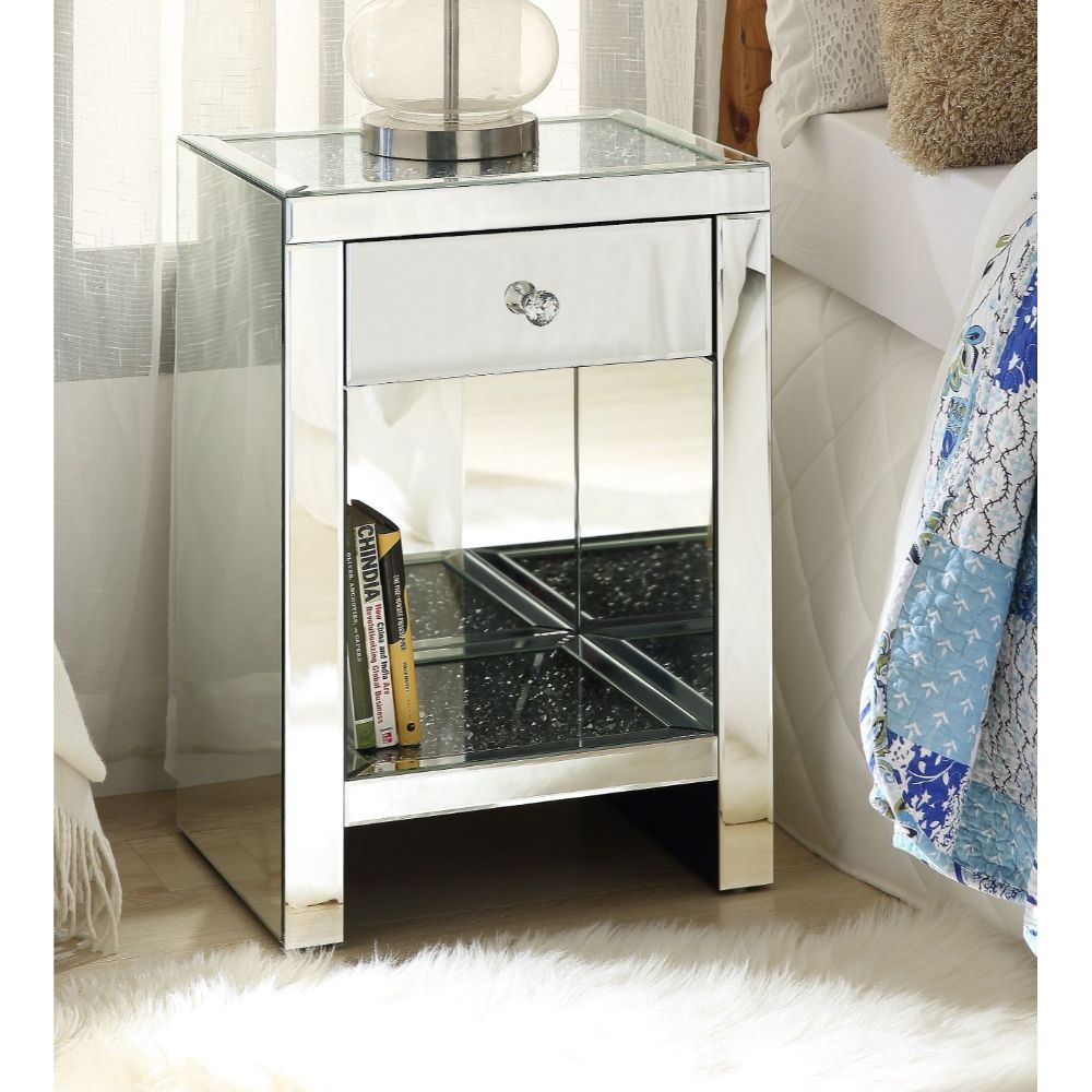 Noralie Accent Table - Mirrored & Faux Diamonds (18"W x 14"D x 26"H)