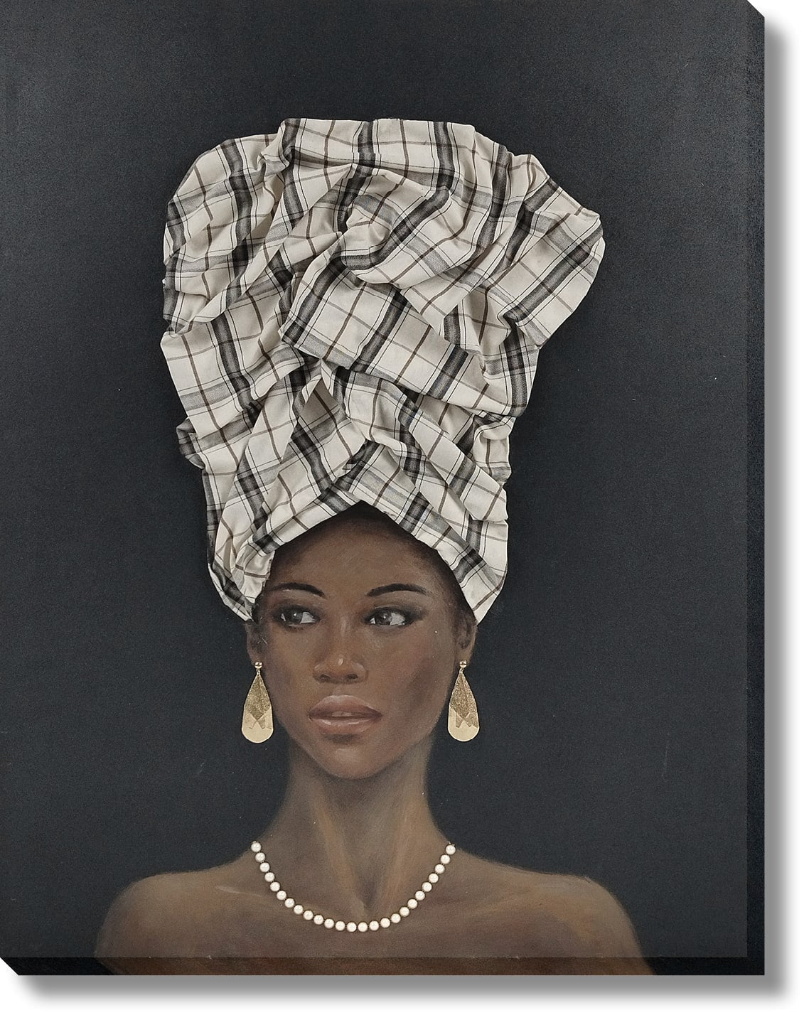 ''Majestic Plaid Crowned Muse'' Hand-painted Canvas w/ Fabric