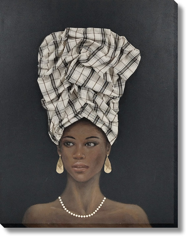 ''Majestic Plaid Crowned Muse'' Hand-painted Canvas w/ Fabric
