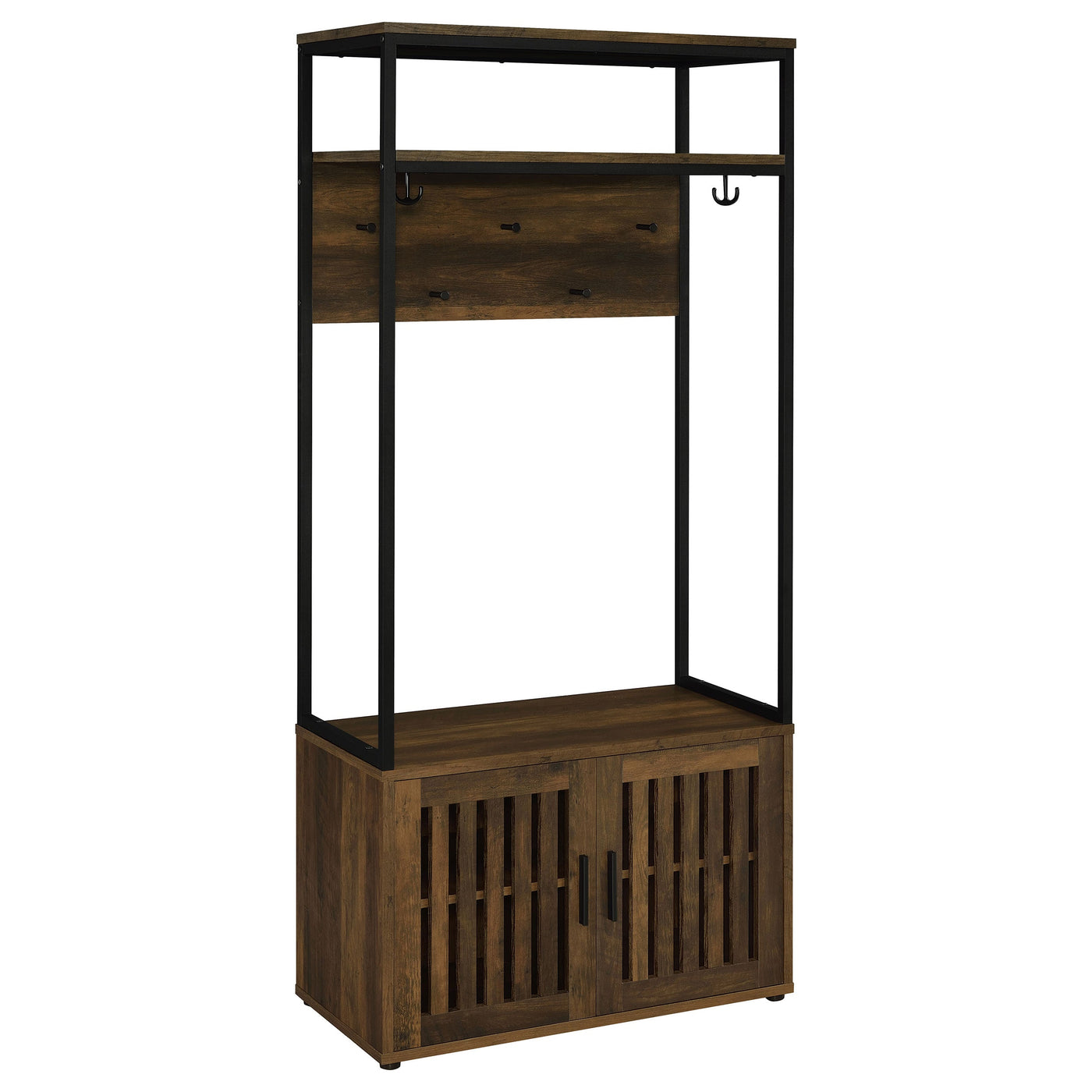 Perchero de dos puertas Quincy, banco de almacenamiento con forma de perchero, pino oscuro