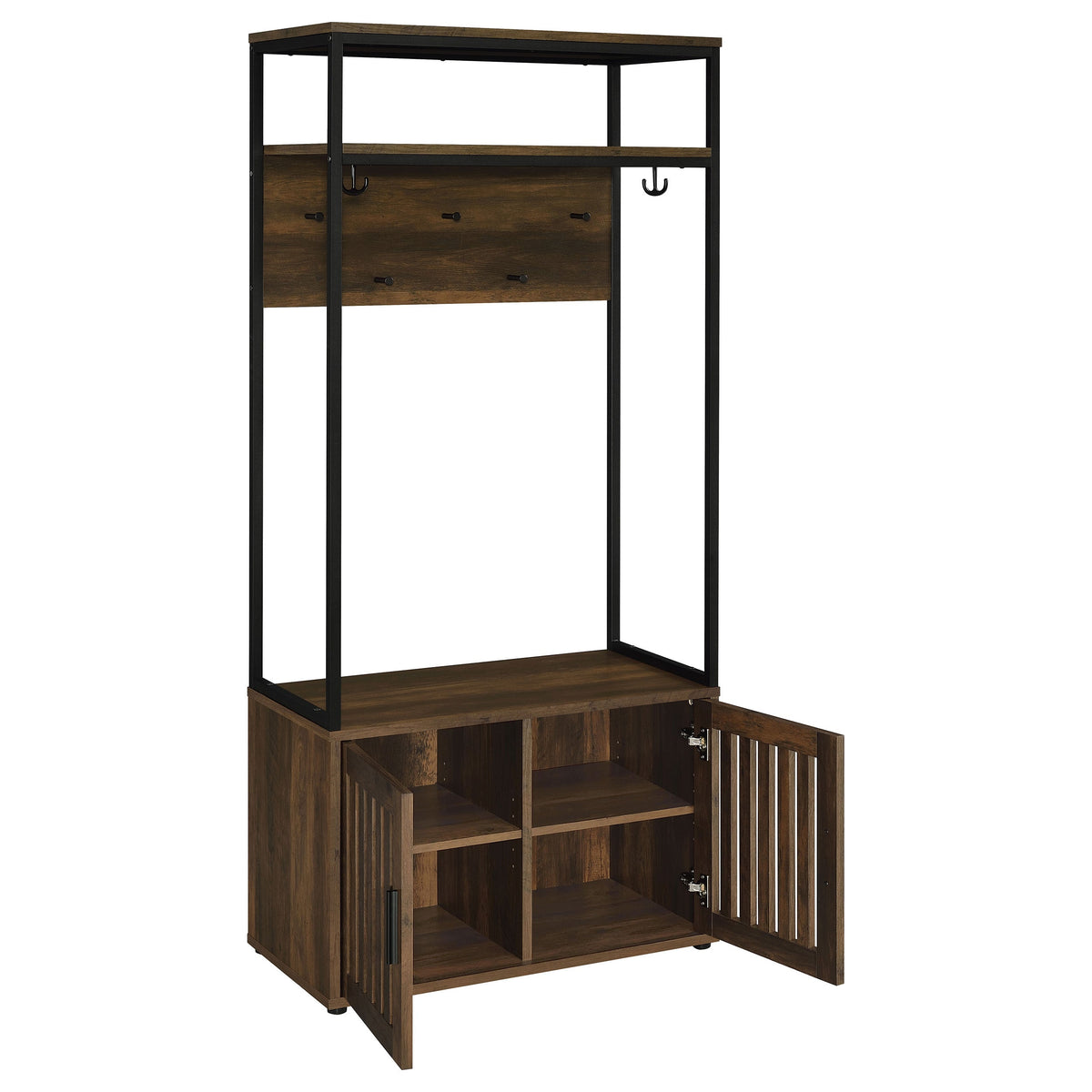 Perchero de dos puertas Quincy, banco de almacenamiento con forma de perchero, pino oscuro