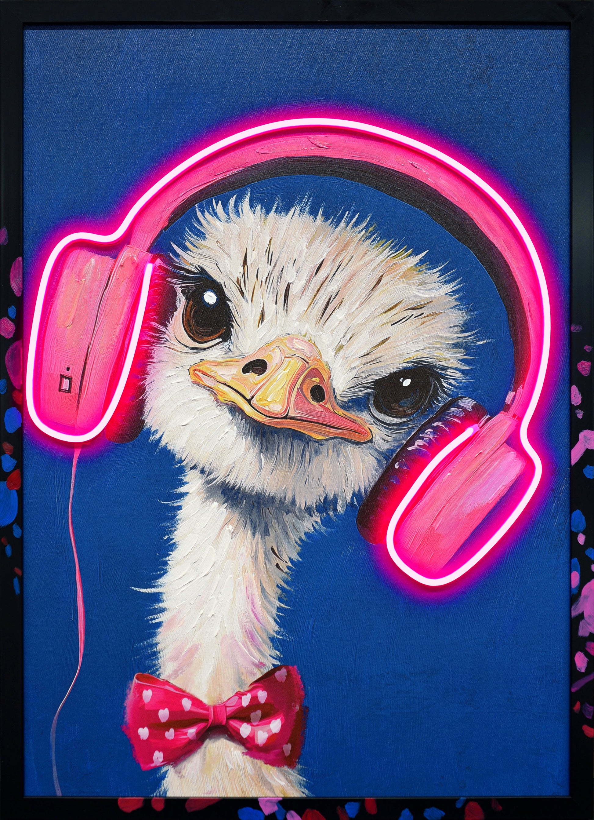 ''Whimsical Musical Neon Ostrich Wall Art'' Hand-painted LED in Frame