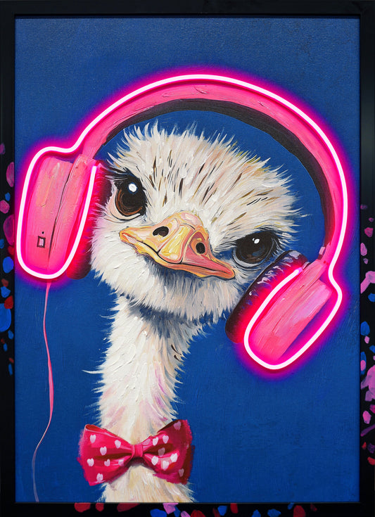 ''Whimsical Musical Neon Ostrich Wall Art'' Hand-painted LED in Frame