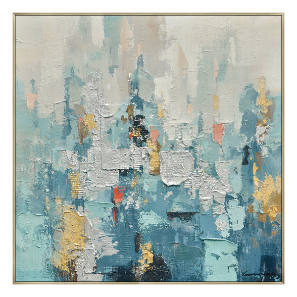 ''Teal Harmony Abstract Canvas'' Hand-painted Canvas in Frame