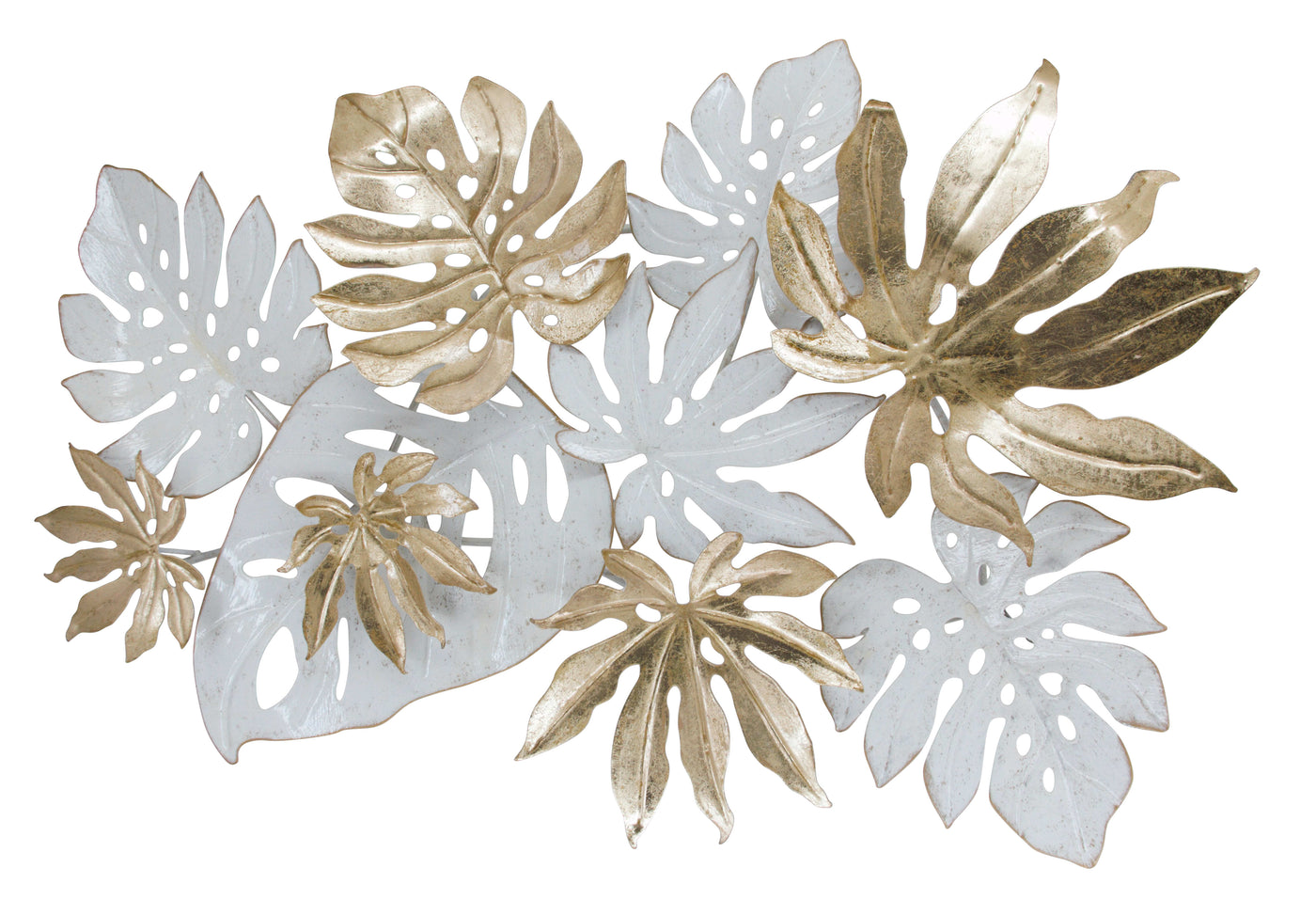 ''Gold and White Tropical Leaves'' Metal Wall Art