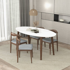 Mesa de comedor ovalada de madera maciza con tapa blanca estilo moderno de mediados de siglo de Ada