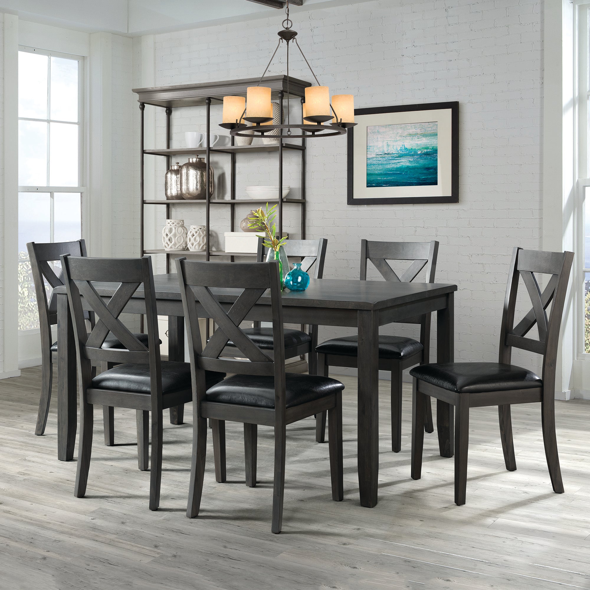 Alex Grey 60" 7 PC Dining Set (Grey Table with Black PU Seat)