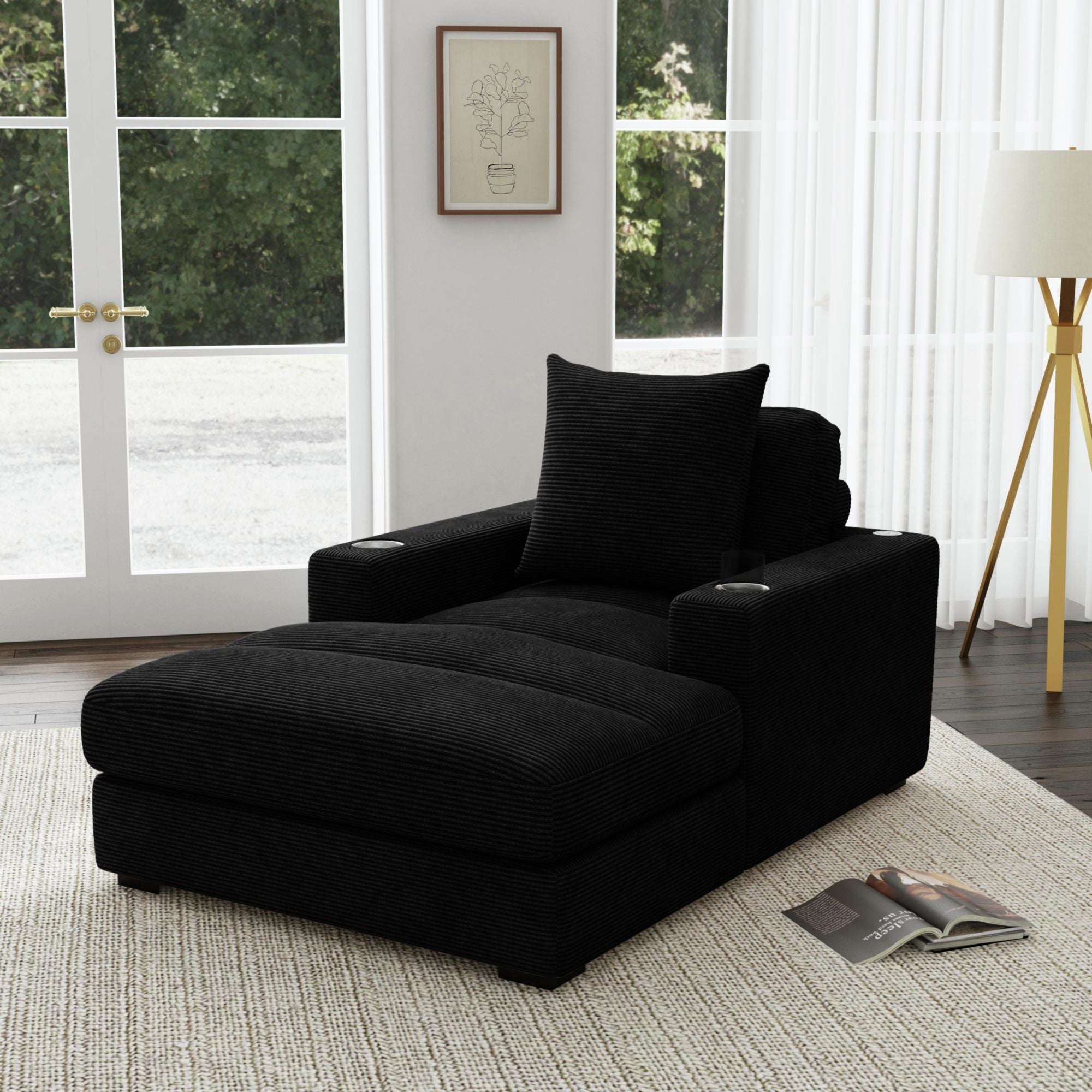 Arizona Chaise with 1 Pillow 20", 2 Cupholders and 2 USB in Steno Black