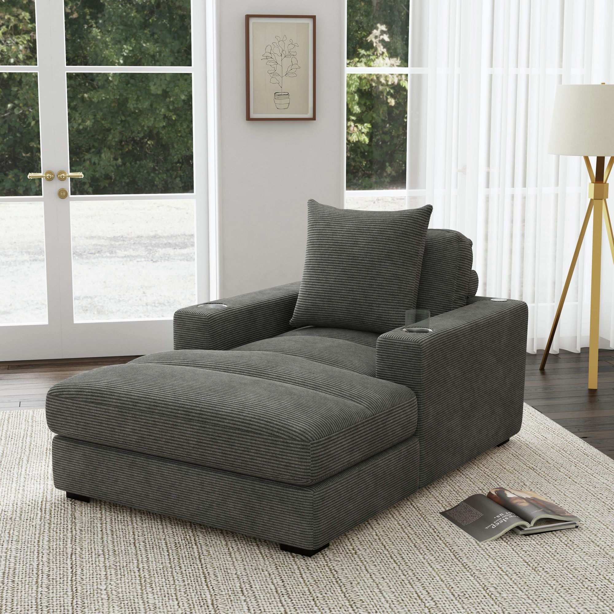 Arizona Chaise with 1 Pillow 20", 2 Cupholders and 2 USB in Steno Charcoal