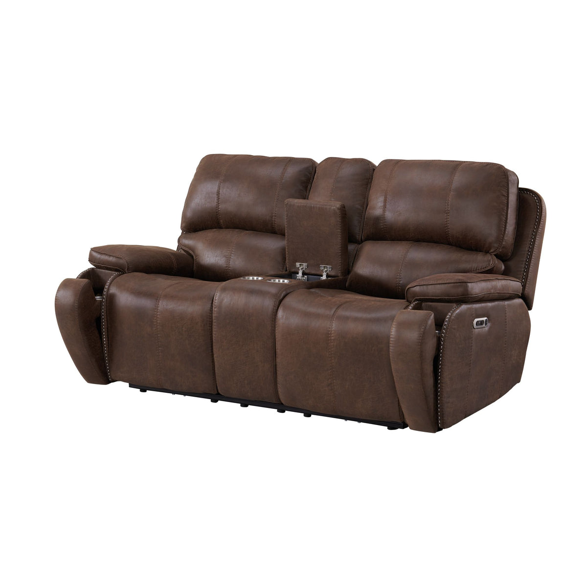Atlantis Power Motion Loveseat With Power Motion Head Recliner & Console In Heritage Brown
