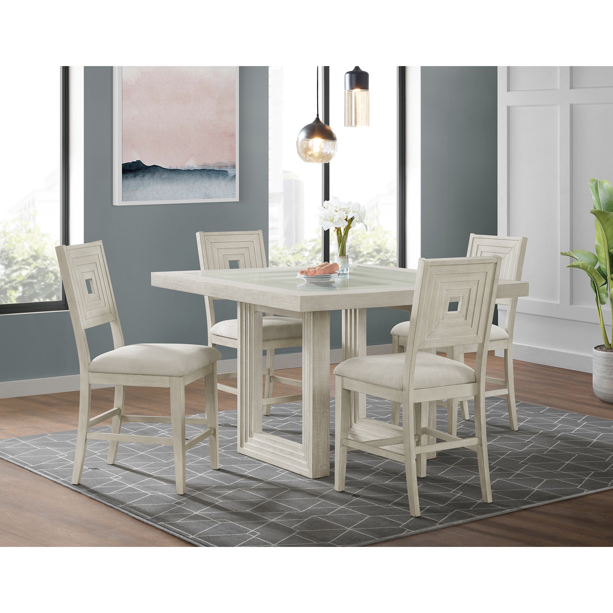 Avalanche 5PC Square Counter Height Dining Set in Antique White-Table and Four Chairs