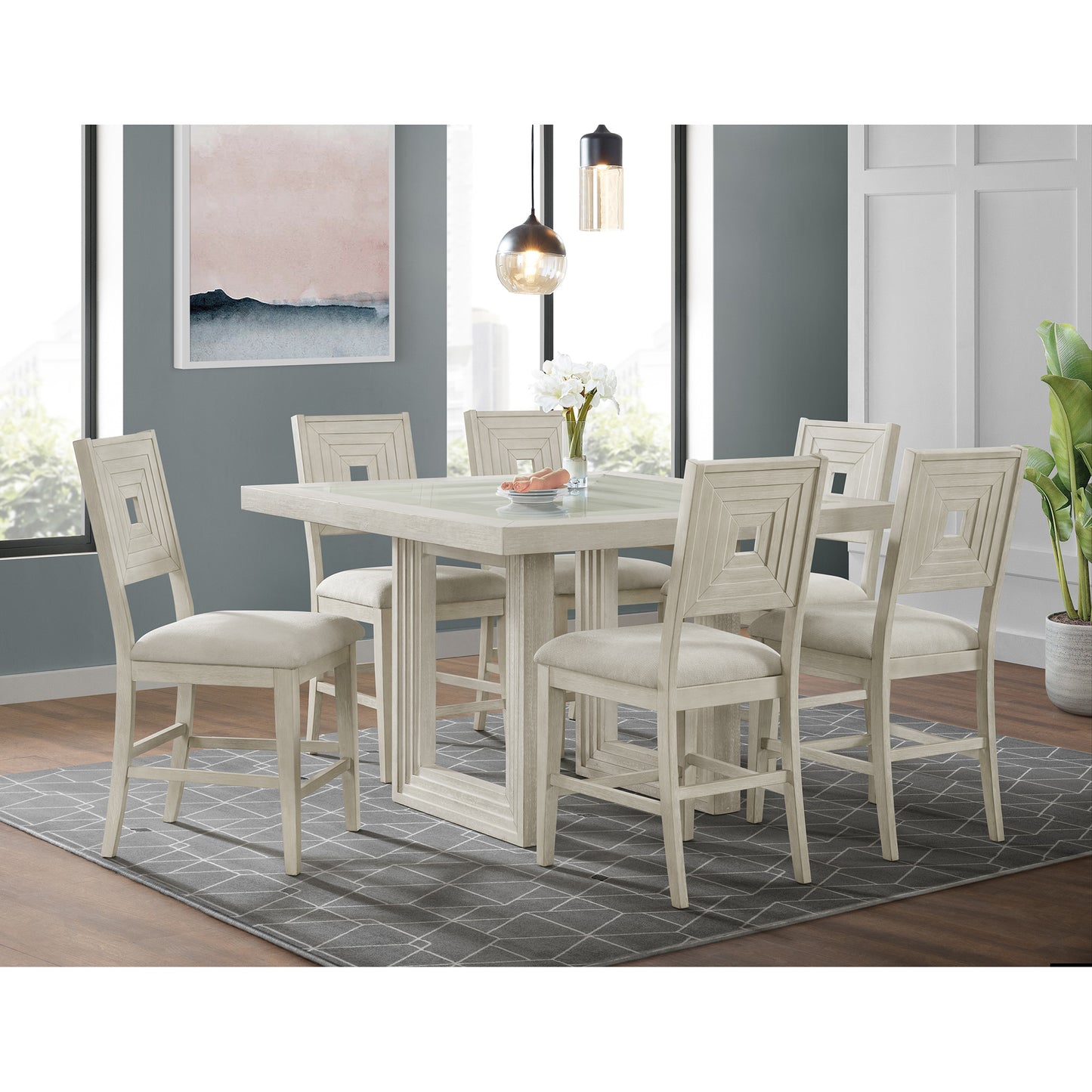 Avalanche 7PC Square Counter Height Dining Set in Antique White-Table and Six Chairs