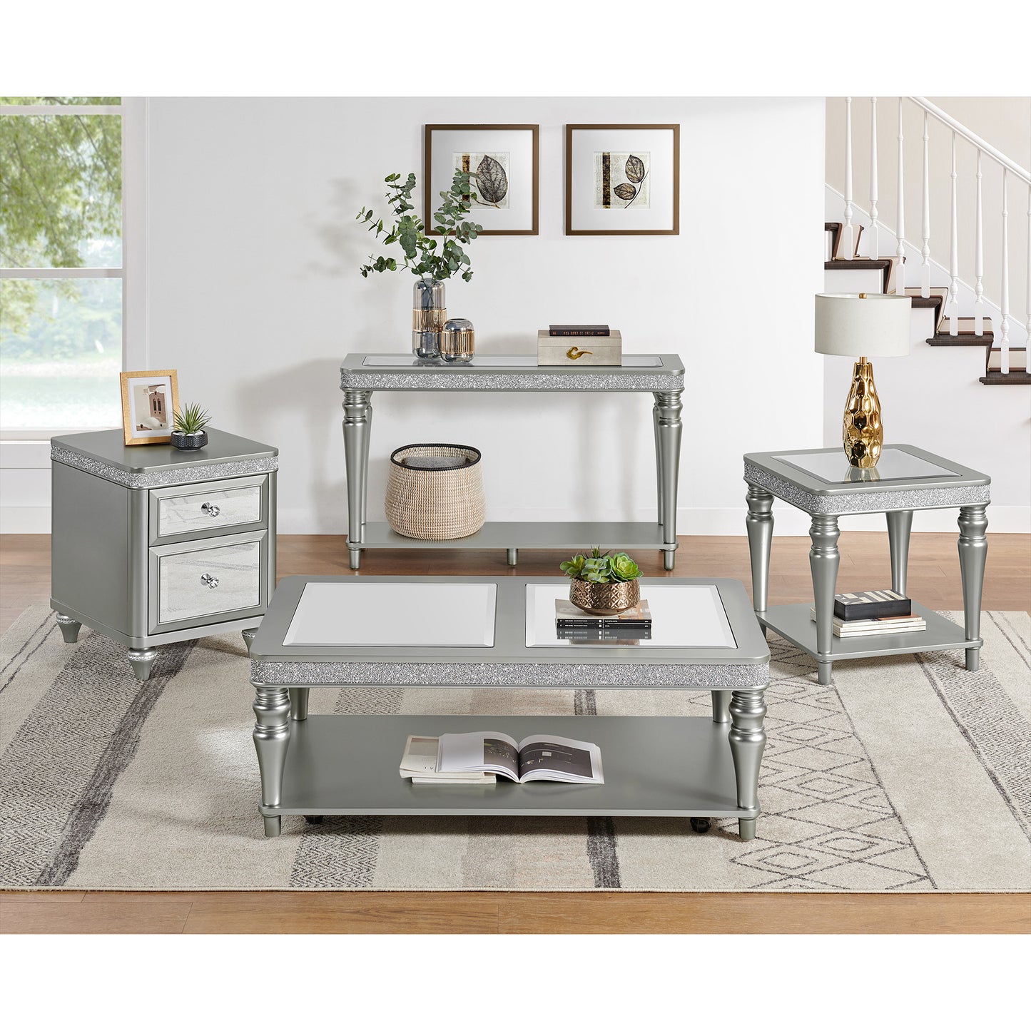 Avril 3PC Occasional Table Set in Silver-Coffee Table, End Table & Sofa Table