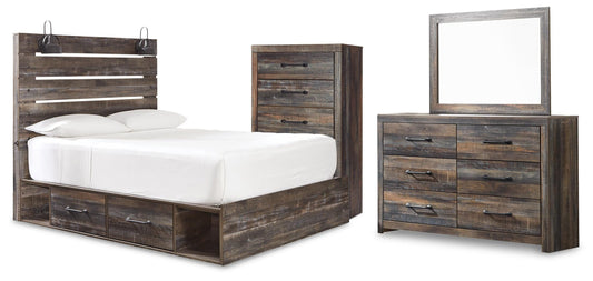 Drystan Queen Panel Bed with 2 Storage Drawers, Dresser, Mirror and Chest