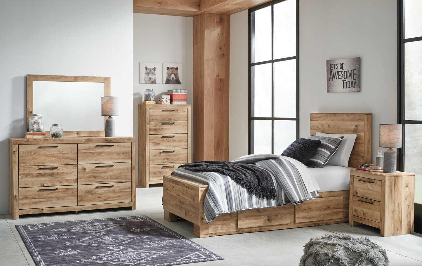 Hyanna Twin Panel Bed with 1 Side Storage, Dresser, Mirror, Chest and Nightstand