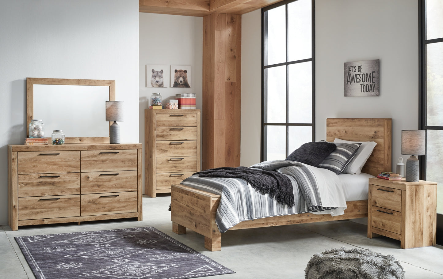 Hyanna Twin Panel Bed, Dresser, Mirror, Chest and Nightstand