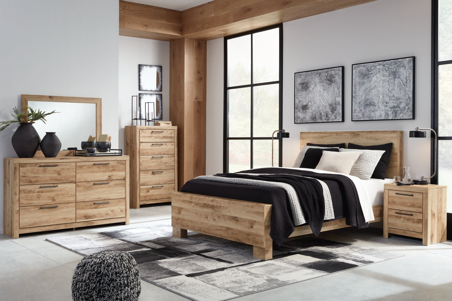Hyanna King Panel Bed, Dresser, Mirror, Chest and Nightstand