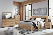 Hyanna Queen Panel Storage Bed with 2 Under Bed Storage Drawer, Dresser and Mirror