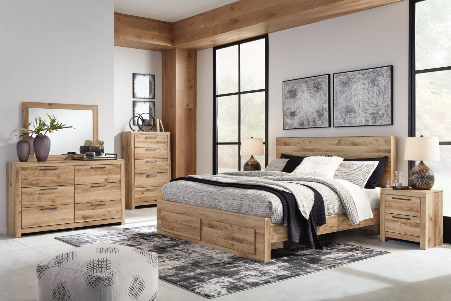 Hyanna Queen Panel Storage Bed, Dresser, Mirror, Chest and Nightstand