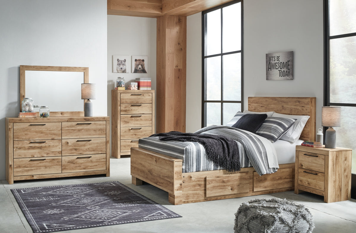 Hyanna Full Panel Bed with 1 Side Storage, Dresser, Mirror, Chest and Nightstand