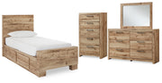 Hyanna Twin Panel Bed with 1 Side Storage, Dresser, Mirror and Chest