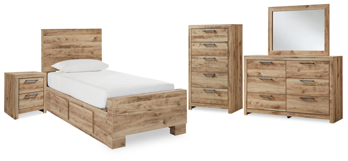 Hyanna Twin Panel Bed with 2 Side Storage, Dresser, Mirror, Chest and Nightstand