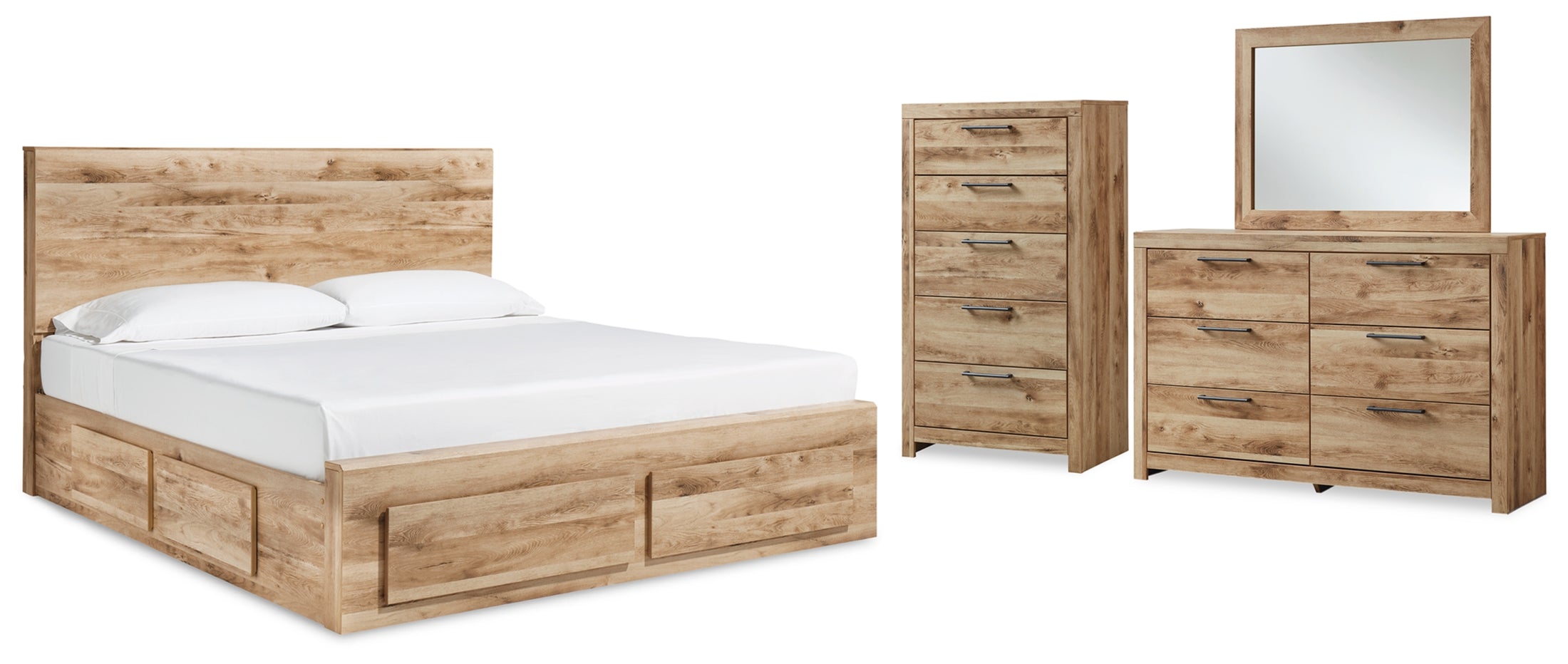 Hyanna King Panel Storage Bed with 1 Under Bed Storage Drawer, Dresser, Mirror and Chest