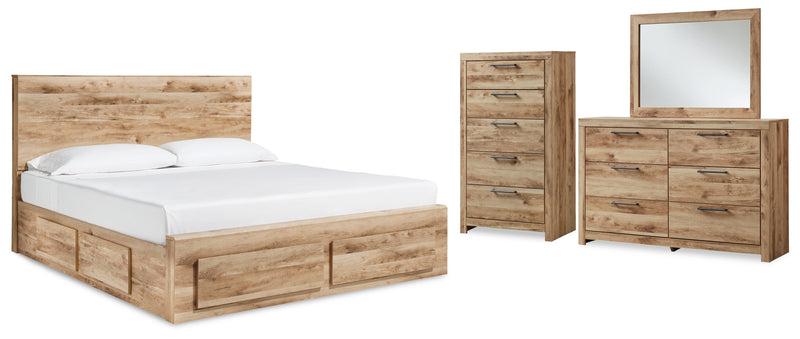 Hyanna King Panel Storage Bed with 1 Under Bed Storage Drawer, Dresser, Mirror and Chest