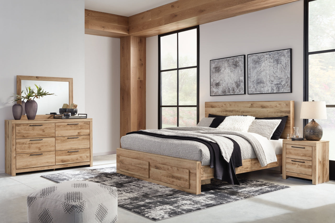 Hyanna King Panel Storage Bed, Dresser, Mirror and Nightstand