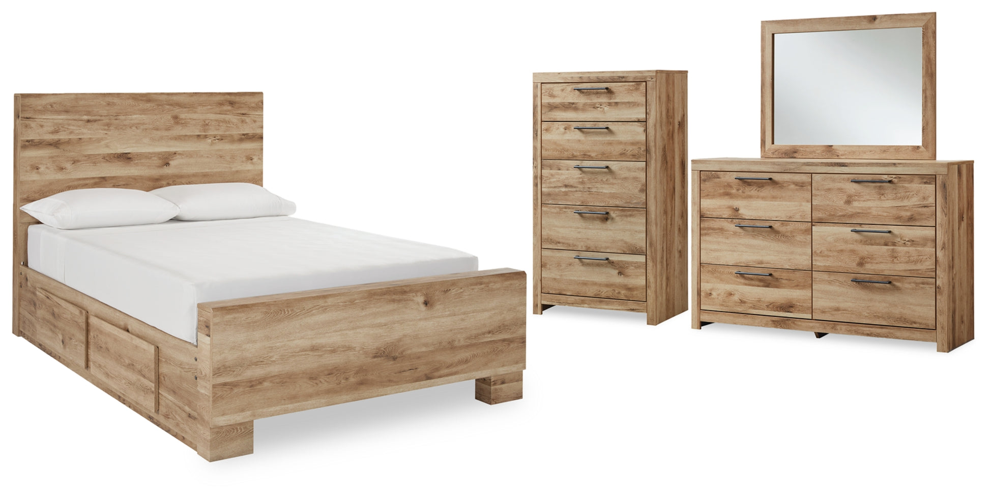 Hyanna Full Panel Bed with 1 Side Storage, Dresser, Mirror and Chest