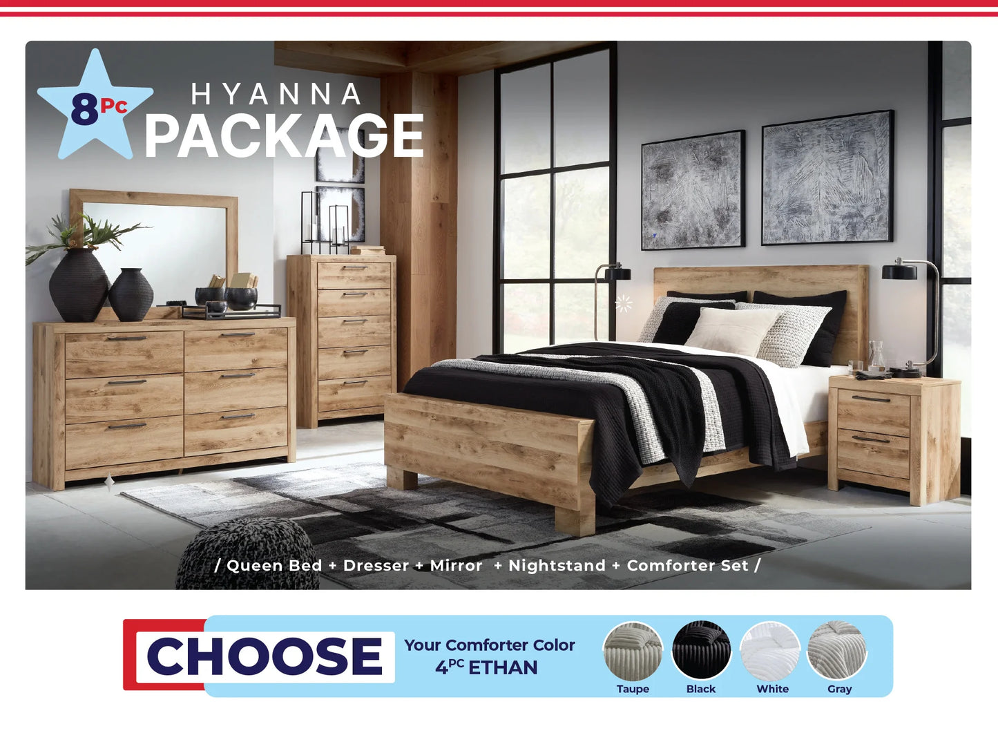Hyanna Queen Panel Bed 4PC Bedroom Set with Comforter Kit