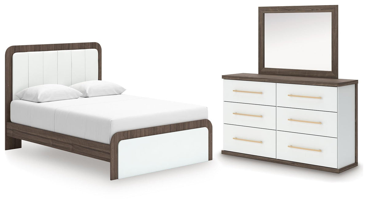 Mazilar Queen Upholstered Platform Bed, Dresser and Mirror