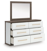 Mazilar Queen Upholstered Platform Bed, Dresser and Mirror