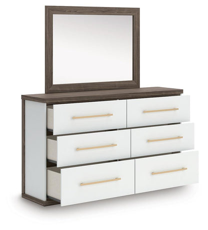 Mazilar Queen Upholstered Platform Bed, Dresser and Mirror