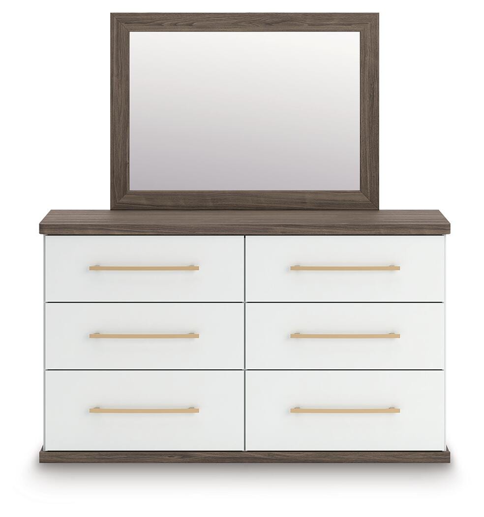 Mazilar Queen Upholstered Platform Bed, Dresser and Mirror